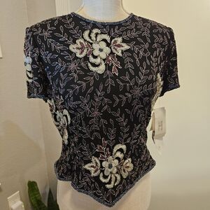 Adrianna Papell Boutique Black Blouse with Floral Embellishments Beaded